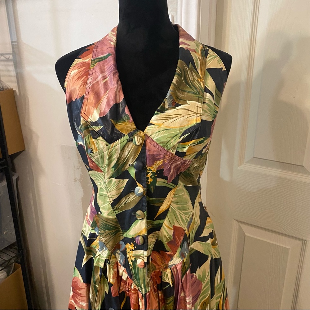 Neiman Marcus Tropical Floral Maxi Dress Halter MIDI Pockets Button Down A line - Picture 2 of 15